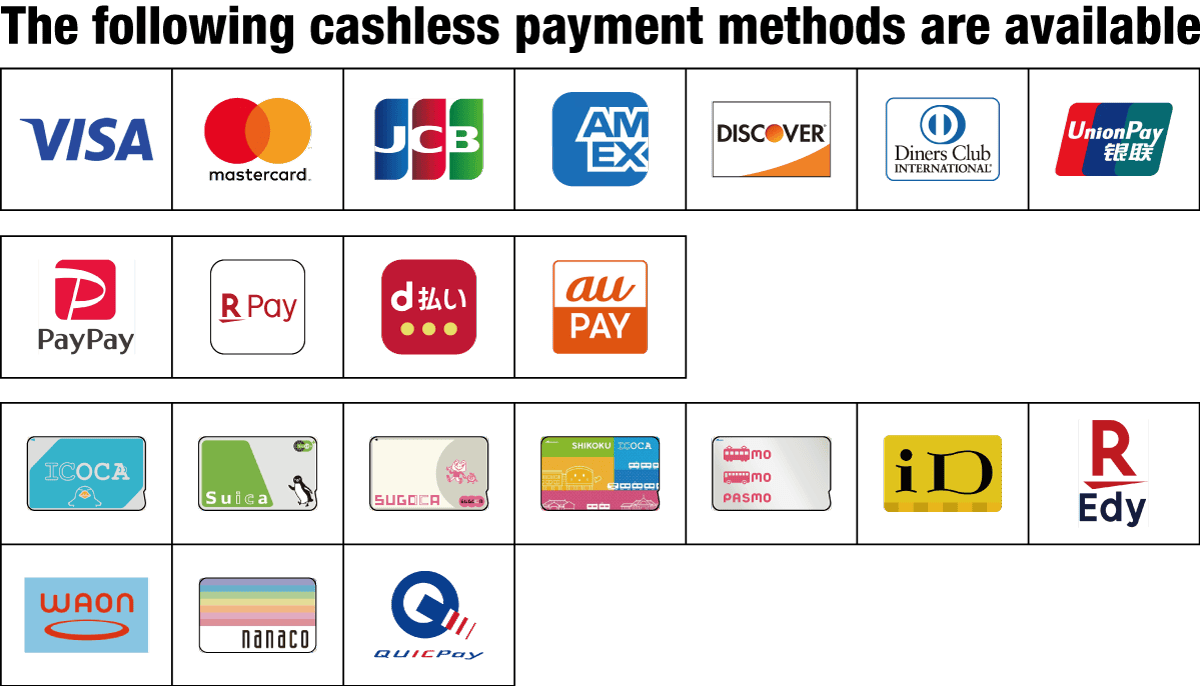The following cashless payment methods are available